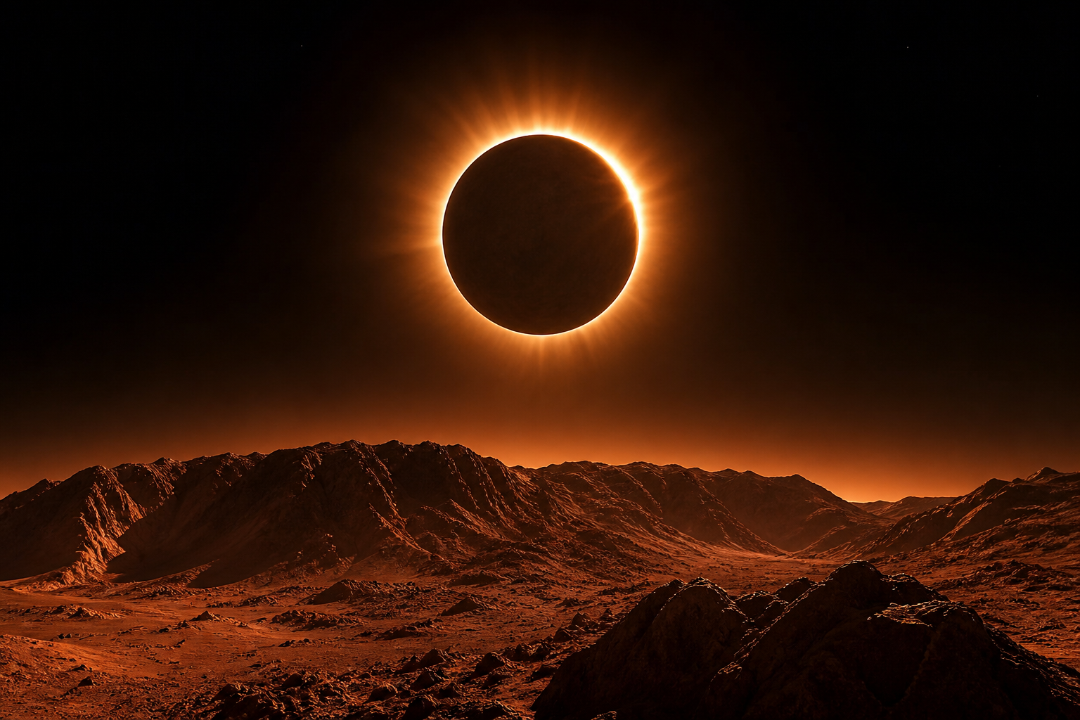MarsCoin eclipsing the sun over a Martian ridge