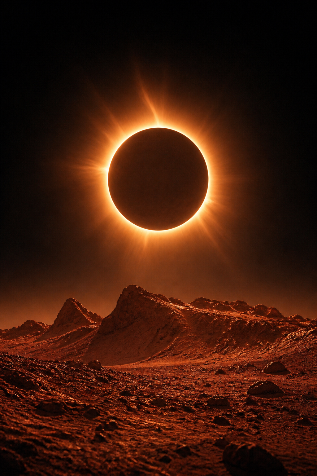 MarsCoin eclipsing the sun over a Martian ridge