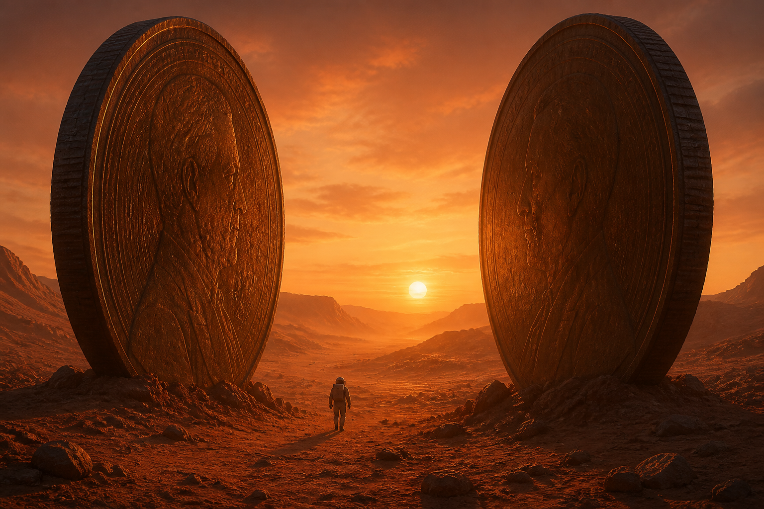 Two coin monuments forming a gateway on Mars