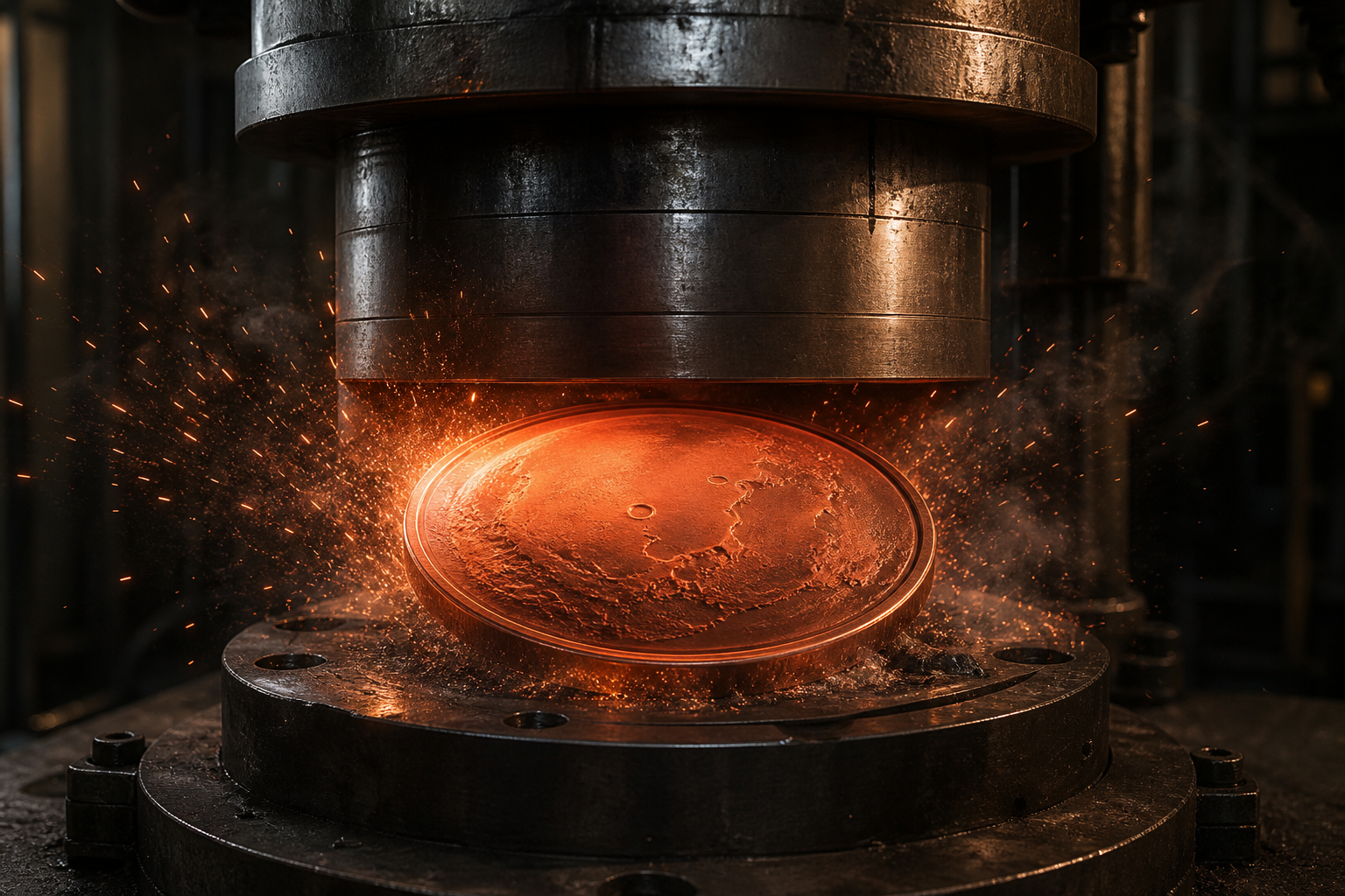 A colossal press striking the MarsCoin