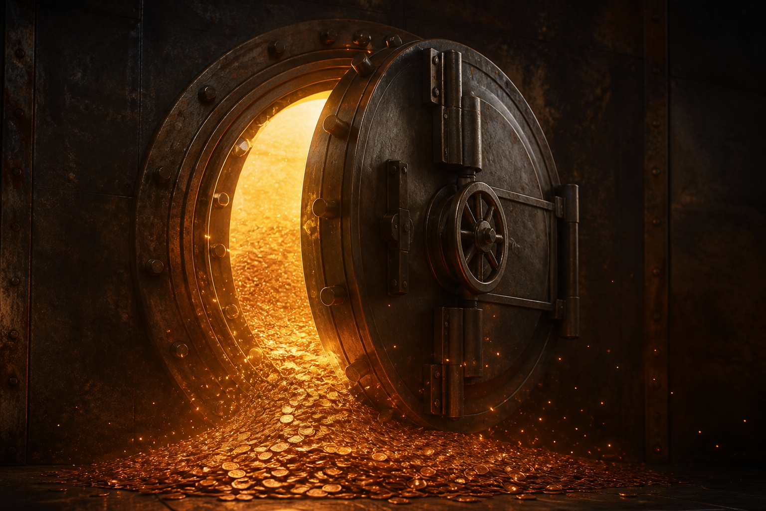 The vault door, ajar, coins streaming out